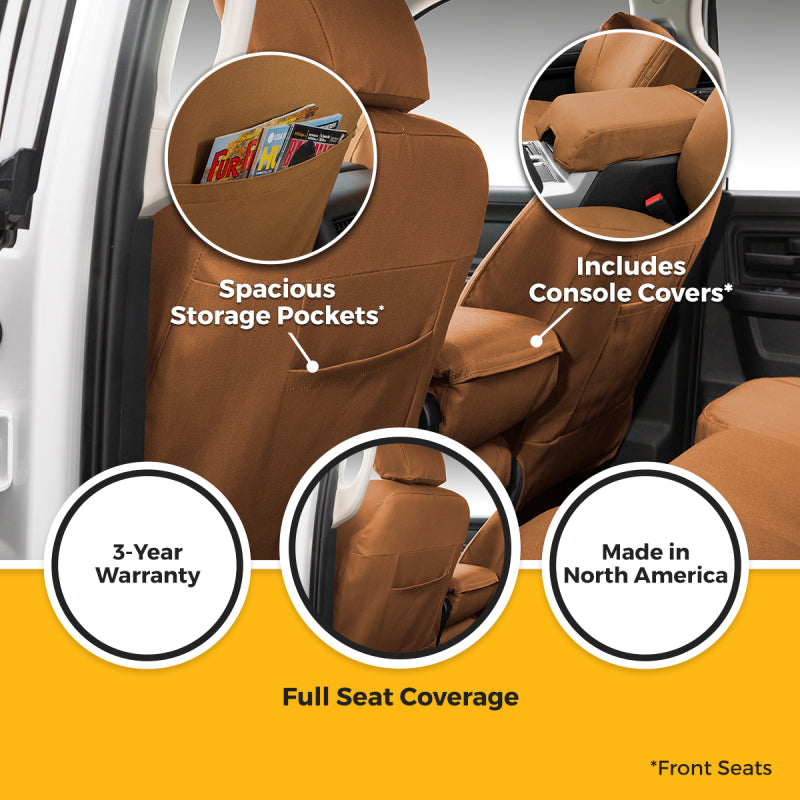 Covercraft Carhartt PrecisionFit second row seat covers for Toyota Grand Highlander in durable fabric, fitted on vehicle seats.