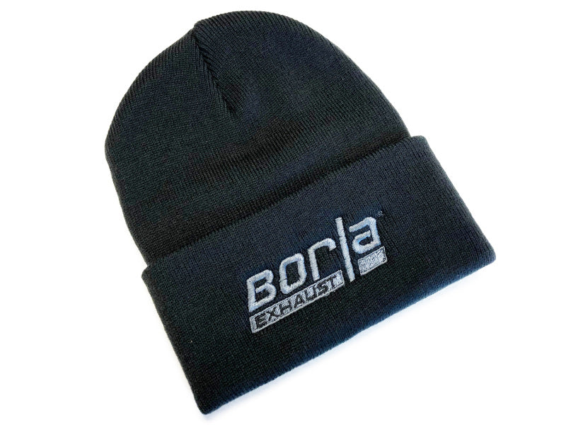 Borla beanie hat with embroidered Borla logo, one size fits all, soft knit headwear for cold weather.