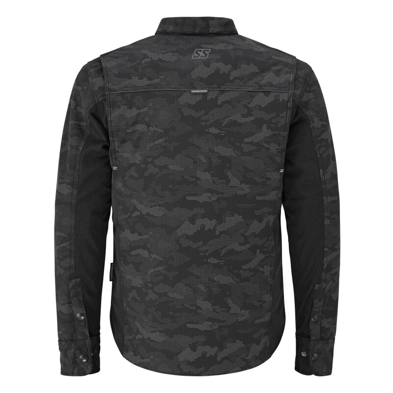 Speed and Strength True Grit Mesh Moto Shirt in reflective camo and black, size XL, featuring breathable mesh fabric and moto style details.