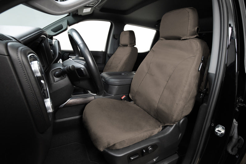 Covercraft waterproof taupe front row seat covers for Mercedes-Benz Sprinter 19-26, custom-fit and durable.