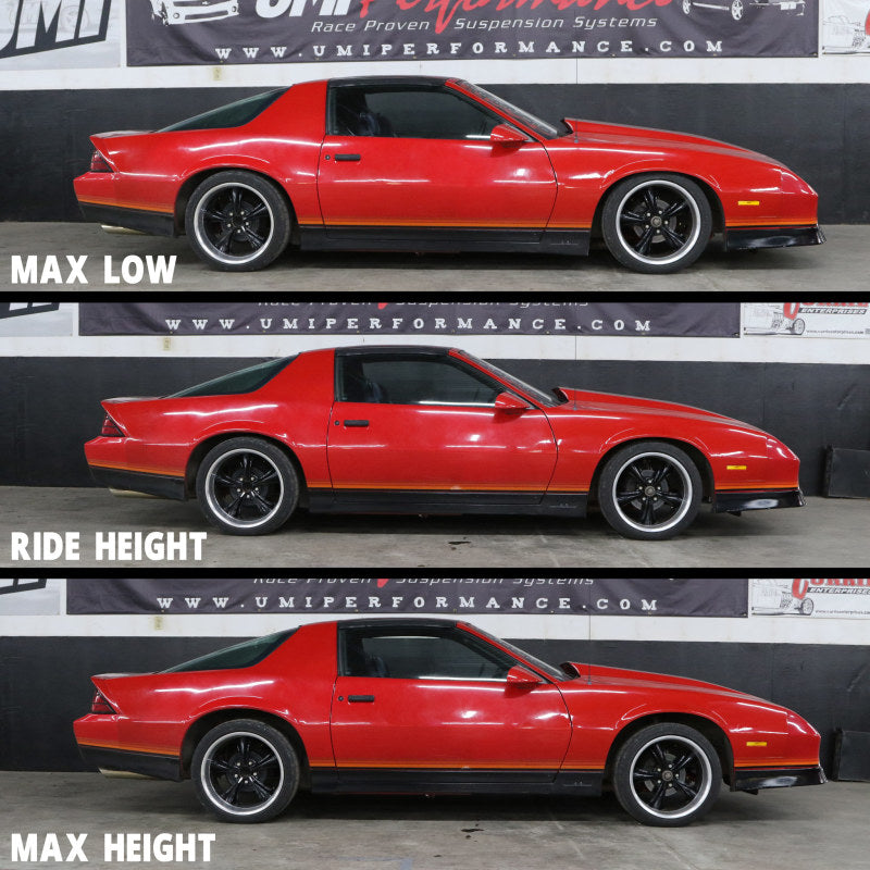 UMI Performance front weight jack system for GM F-Body cars, 82-92, with 850lb street handling weight, shown in use.