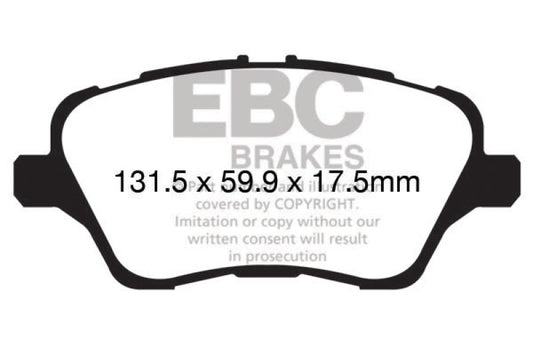 EBC 13+ Ford Fiesta 1.6 Turbo ST Greenstuff front brake pads for performance braking, shown in a close-up image.