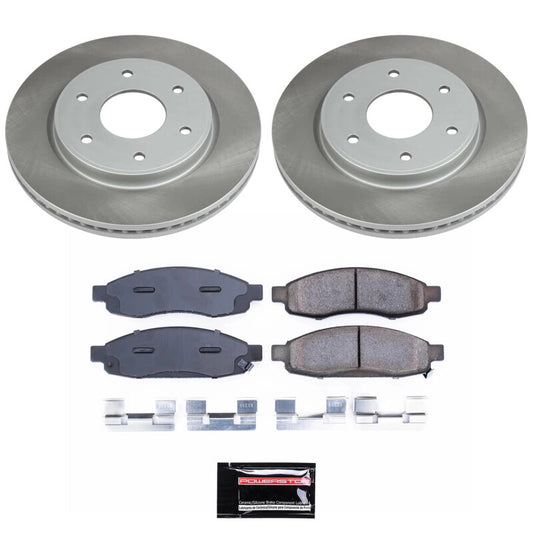 PowerStop performance semi-coated front brake rotor kit installed on a Nissan Titan 2005-2007, showcasing the brake rotor design.