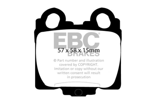 EBC Redstuff rear brake pads for Lexus GS300 3.0, high-performance brake pads with red friction material, shown from side angle.