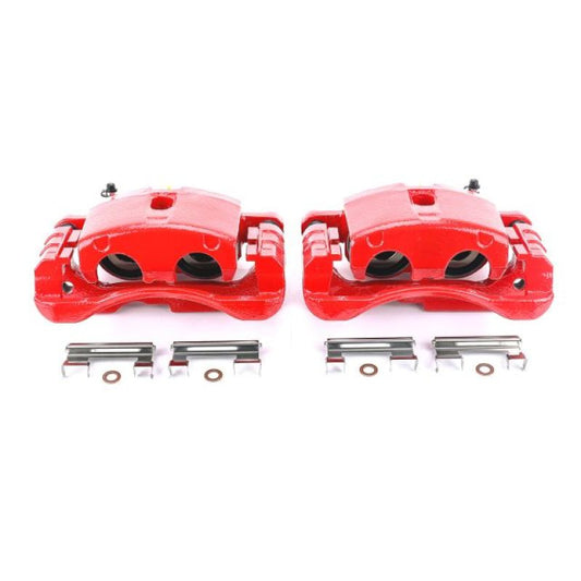 Pair of PowerStop red brake calipers with brackets for Cadillac Escalade 2002-2006, front or rear replacement performance brake parts.