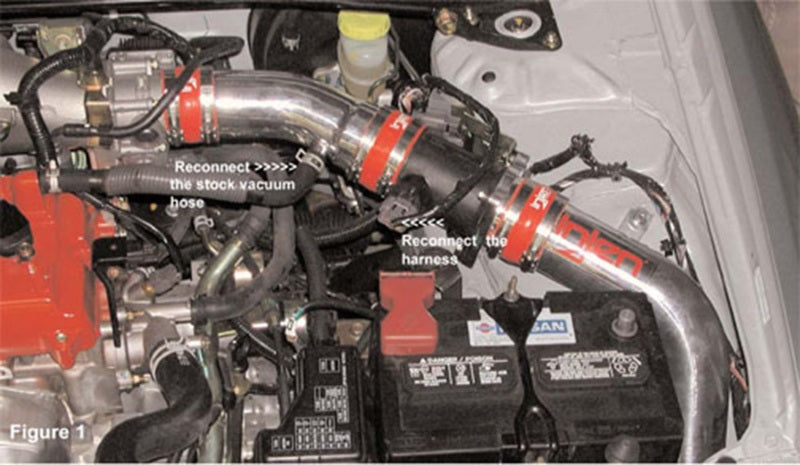 Polished Injen cold air intake for 2002-2006 Nissan Sentra SER Spec V 2.5L engine, showing the sleek metal intake tube and filter.