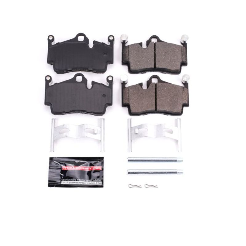 PowerStop Z23 Evolution sport brake pads for Porsche 718 Boxster 2017-2018 rear, with hardware included, high-performance brake upgrade.
