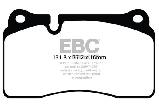 EBC Brakes Redstuff ceramic performance brake pads showing the red friction material and metal backing plate.