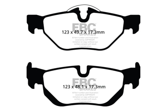 EBC Redstuff rear brake pads for BMW X1 2.0 Turbo (28i), high-performance brake pads with red friction material.