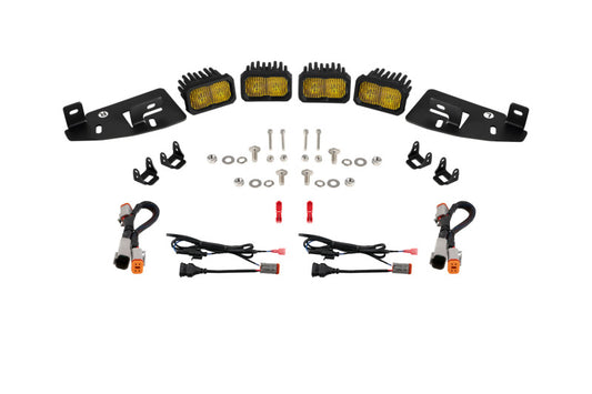 Diode Dynamics SSC2 LED fog lights kit for 2019-present Ram trucks, featuring yellow sport fog lights with compact design.