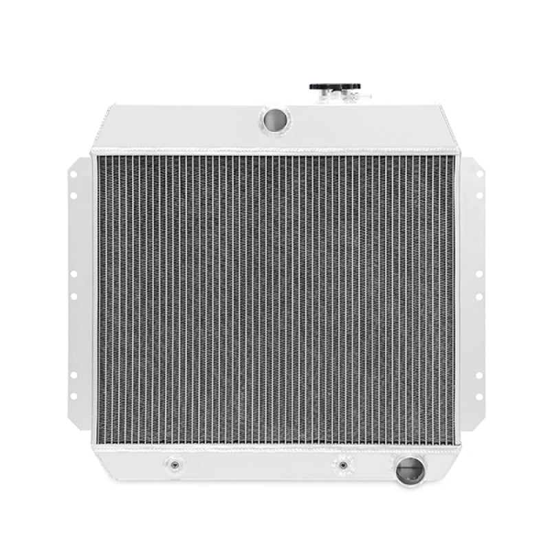 Mishimoto aluminum radiator for 1950-1954 Chevrolet Bel-Air, showing the sleek, lightweight design with cooling fins and inlet/outlet ports.