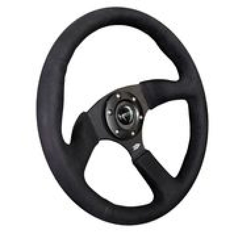 NRG reinforced steering wheel with black Alcantara grip, 350mm diameter, deep 2.5 inch, matte black spokes, racing style.