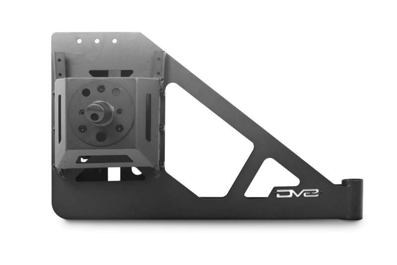 DV8 Offroad Jeep Wrangler JL MTO Series bumper spare tire swing gate tailgate accessory, mounted on rear of vehicle.