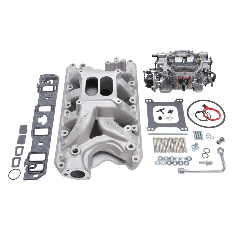 Edelbrock Performer RPM Air-Gap intake manifold and carb kit for small block Ford 351W engine, natural finish, high-performance automotive part