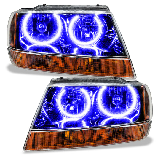Oracle Lighting Jeep Grand Cherokee 99-04 black colorSHIFT SMD headlight with BC1 controller, showcasing sleek automotive lighting.