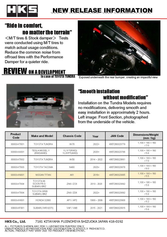 HKS steering damper for 2016+ Nissan Titan, vehicle suspension component shown in close-up image.