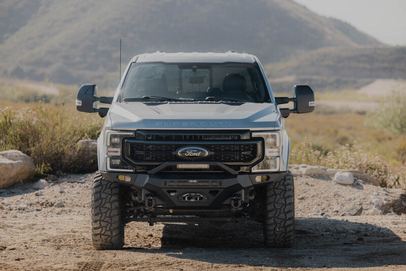 Steel front bumper for Ford Super Duty F-250/F-350, DV8 Offroad Spec Series bumper with rugged design and off-road durability.