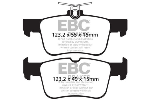 EBC Greenstuff rear brake pads for Ford Fusion 1.6 Turbo, high-performance brake pads with green friction material, shown in image.