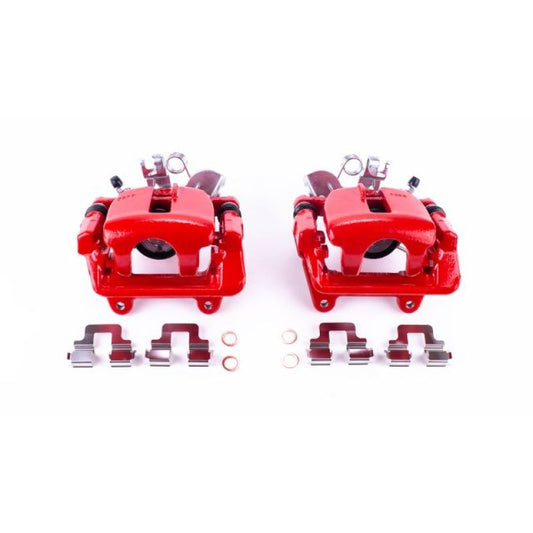 Pair of PowerStop rear red brake calipers with brackets for Audi A4 2005-2009, performance brake calipers for enhanced stopping power.