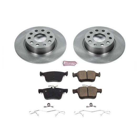 PowerStop OE rear brake kit for 2015-2018 Audi A3, including brake rotors and calipers, installed on the vehicle.