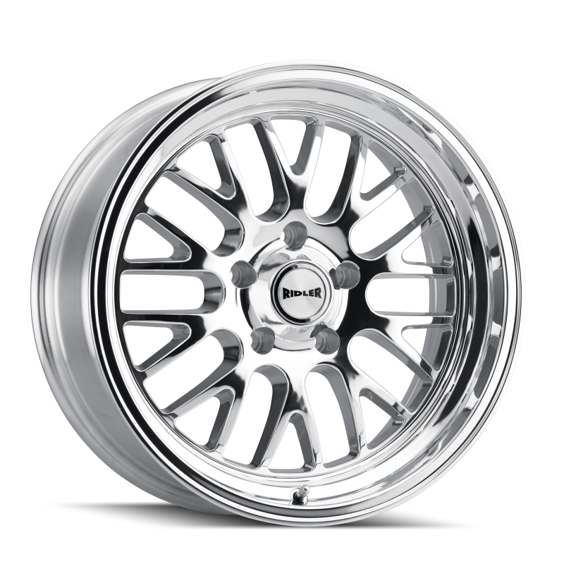 Polished Ridler 607 cast wheel, 20x10 inches, 5x127 bolt pattern, 0mm offset, 83.82mm hub, showcasing its detailed finish.