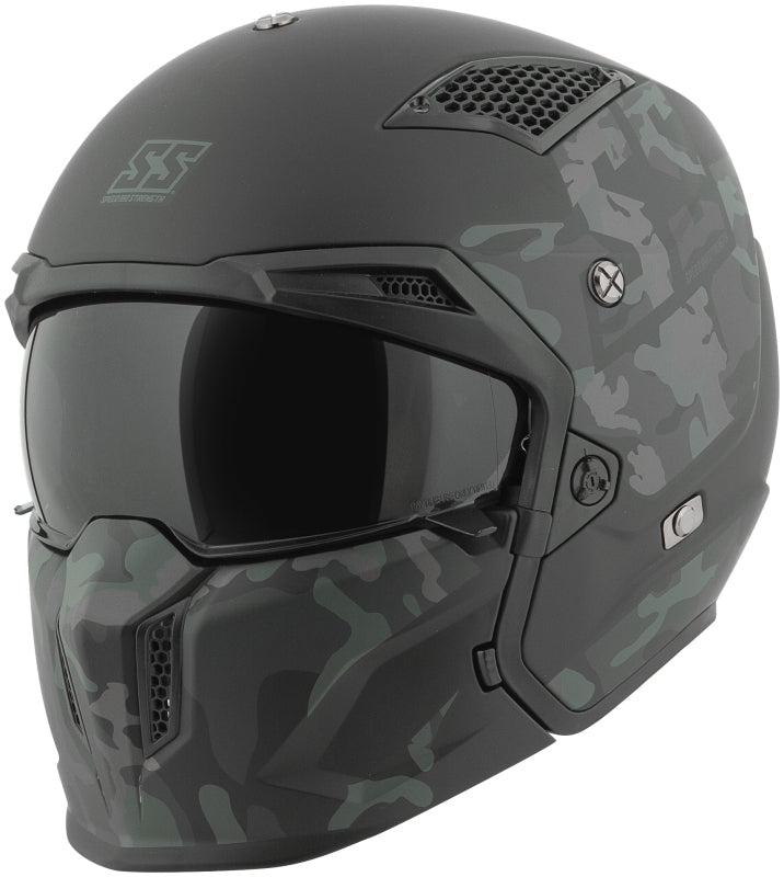 Speed and Strength SS2400 Call 2 Arms black and camouflage helmet, XL size, showing the adjustable strap and vent details.