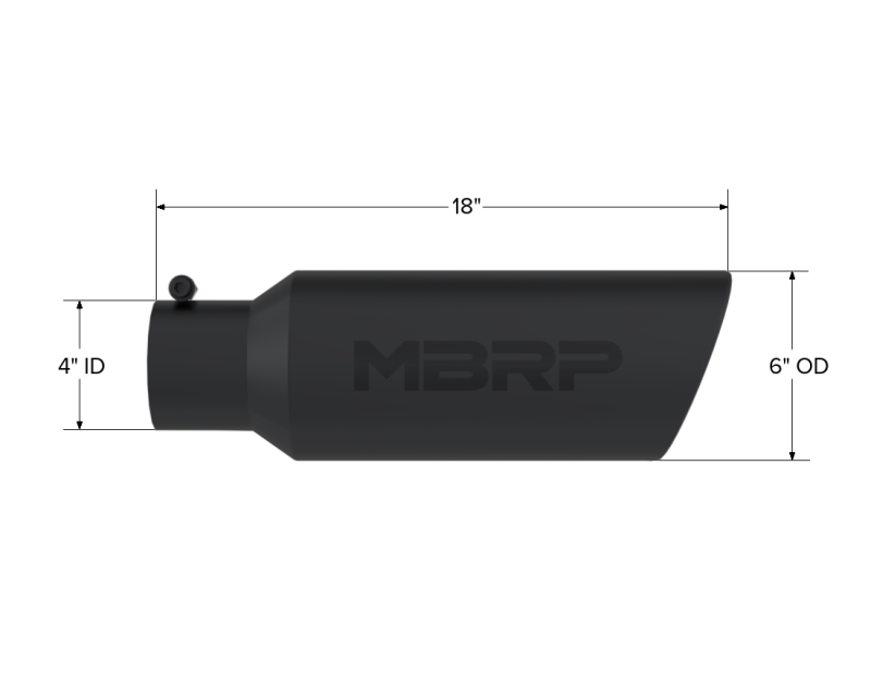 MBRP universal black coated exhaust tip with 6-inch OD rolled end, 4-inch inlet, and 18-inch length for vehicle exhaust systems