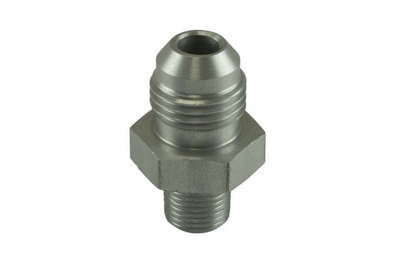 Turbosmart -6AN flare to 1/8 NPT male straight fitting, clear anodized metal, for automotive fluid connections.