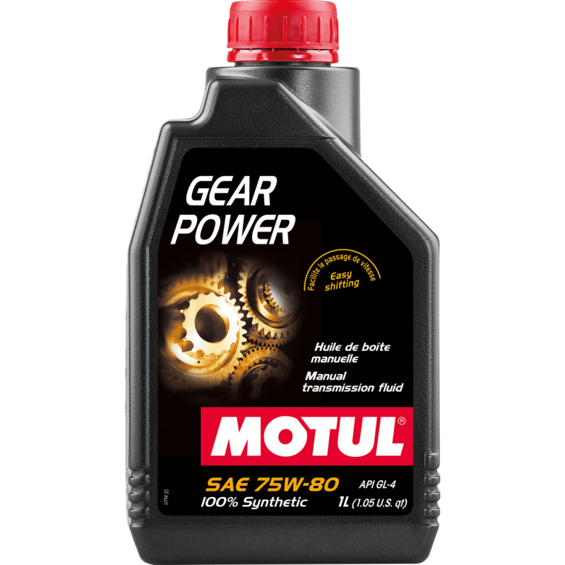 Motul 1L Gear Power 75W80 gear oil container, high-performance lubricant for transmission and gear systems.