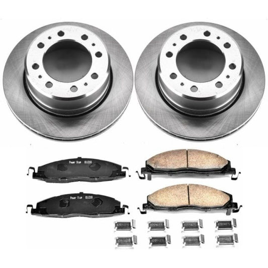 PowerStop rear OE brake rotors and brake kit for 2013-2018 Ram 3500 truck showing the brake rotors and hardware.
