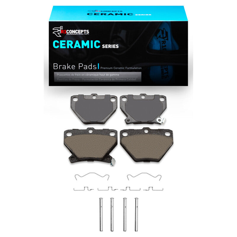 R1 Concepts OE ceramic brake pads and hardware kit for Pontiac Vibe R1 2000-2008, shown with hardware components.