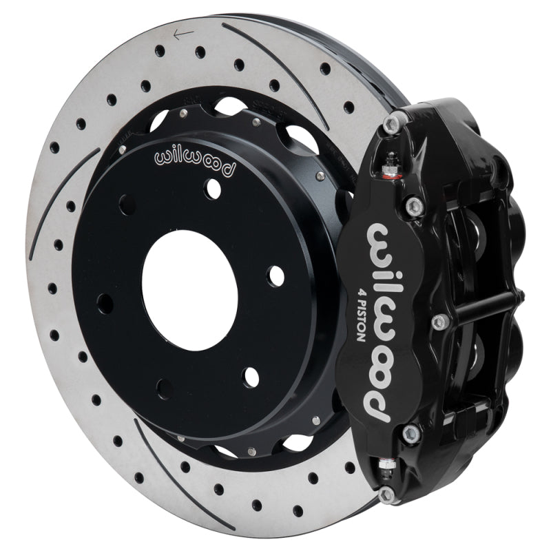 Wilwood Audi A4 rear big brake kit with 12.88-inch drilled and slotted black rotors, high-performance braking components.