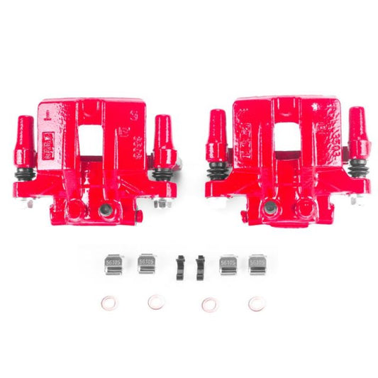 Pair of PowerStop rear red brake calipers with brackets for Chrysler 200 models from 2012 to 2014, performance brake calipers.