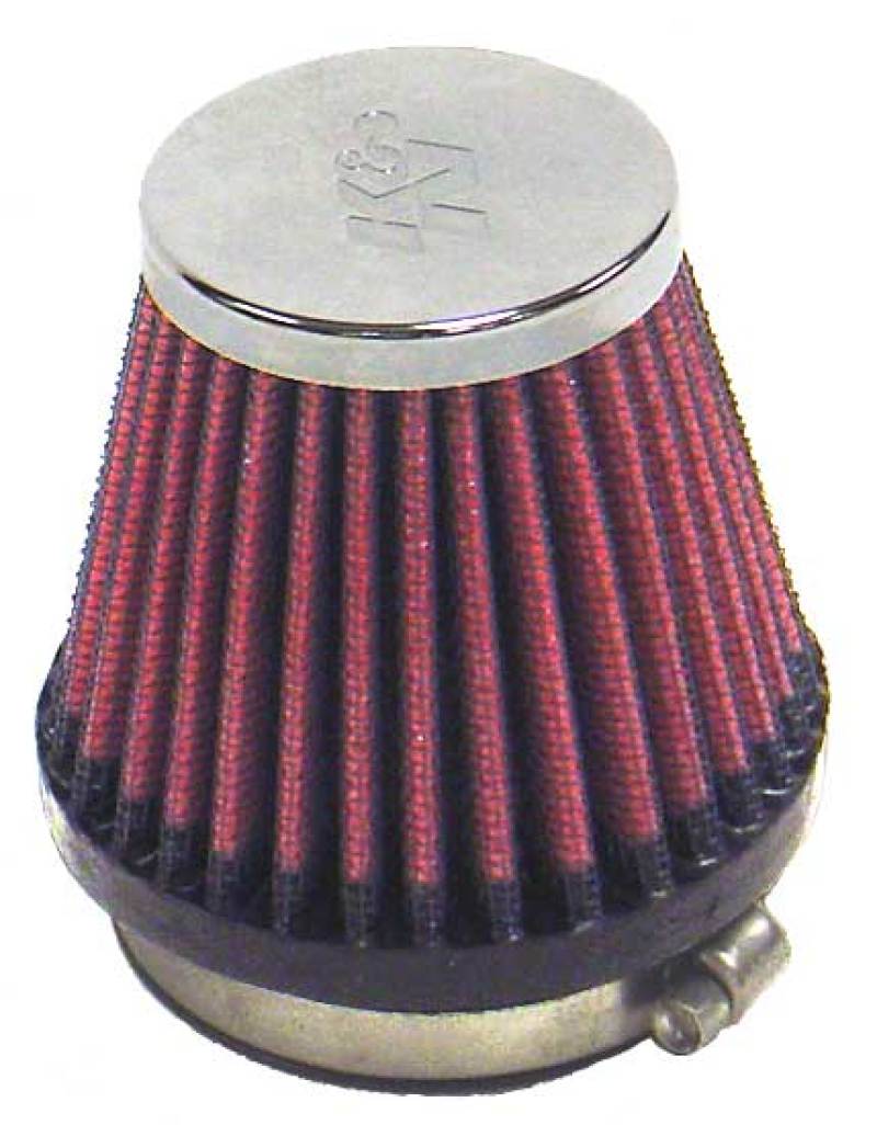 K&N universal chrome air filter with 2.125-inch flange, 3-inch base, 2-inch top, and 2.75-inch height for automotive airflow.
