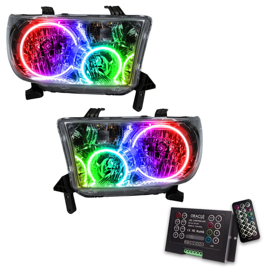 Oracle Lighting Toyota Sequoia SMD Headlights with ColorSHIFT 2.0 Controller, showcasing vibrant LED lighting and headlamp design.