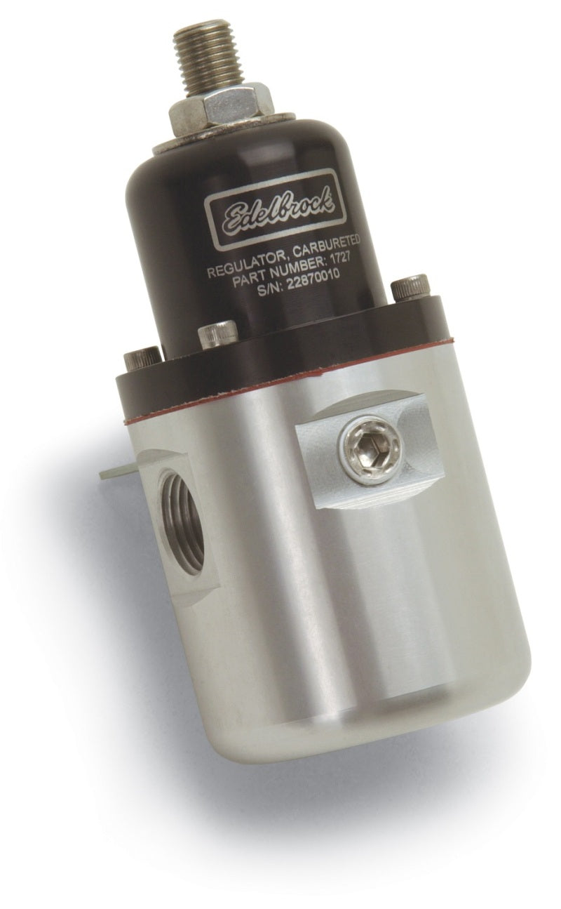 Edelbrock fuel pressure regulator for carbureted engines, blue and clear, 3/8 inch inlet/outlet, 5-10 PSI, 160 GPH flow rate