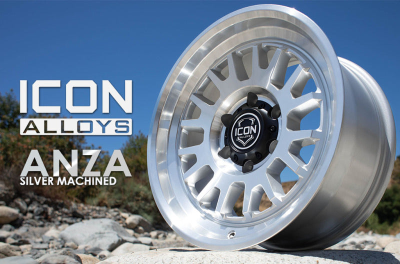 ICON Anza 17x8.5 silver machined cast wheel with 5x150 bolt pattern and 25mm offset, featuring 5.75-inch backspacing.