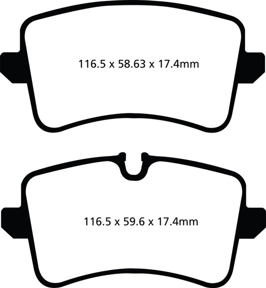 EBC Greenstuff rear brake pads for Audi A6 2.0 Turbo, high-performance brake pads, shown in a close-up view.