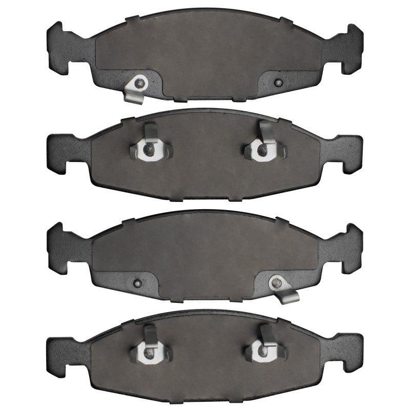 R1 Concepts OE brake pads for Jeep Grand Cherokee R1 99-02, showing new front brake pads with metal backing plates.