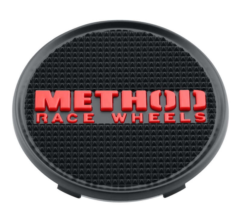 Red Method Wheels center cap T080, 107mm snap-in wheel cover with logo, for vehicle wheel customization.