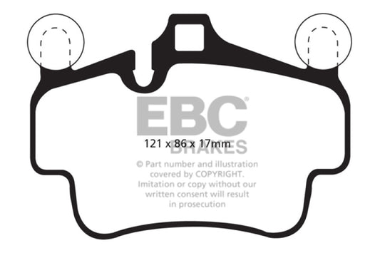 EBC front brake pads for Porsche 911 997 Carrera 2 3.6, Cast Iron Rotor, Redstuff performance brake pads, installed on vehicle.