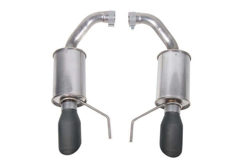 Roush 2024 Ford Mustang GT EcoBoost dual tip axle back exhaust with black tips, showcasing the sleek automotive exhaust system.