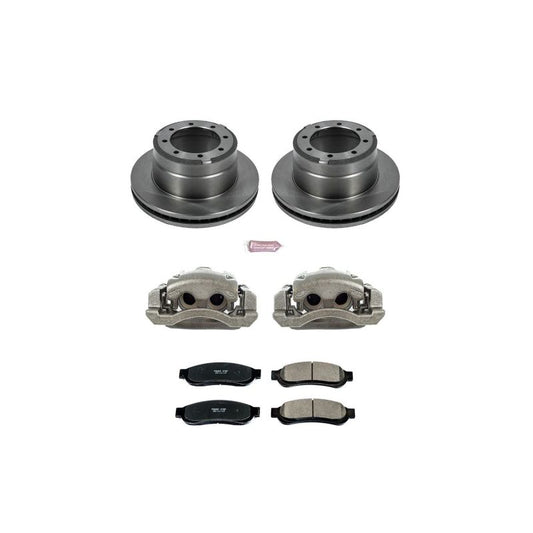 PowerStop OE rear brake kit with calipers for Ford F-450 Super Duty 2010-2012, includes brake rotors and hardware.