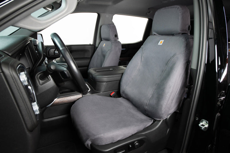 Covercraft Carhartt SeatSaver custom seat cover in gravel for Dodge RAM ProMaster cargo van, durable and tailored for comfort.