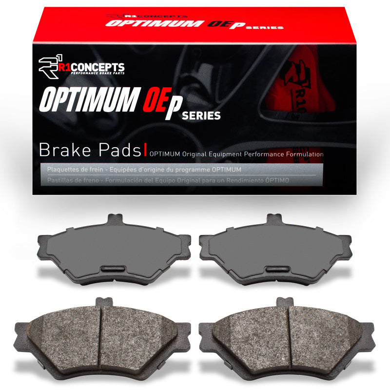 Front R1 Optimum OE brake pads for 1995-1997 Ford Crown Victoria by R1 Concepts, showing the brake pad set with metal backing.