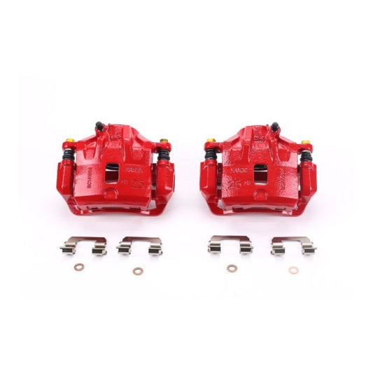 Pair of PowerStop front red brake calipers with brackets for 2004-2005 Hyundai Sonata, performance brake calipers for enhanced stopping power.