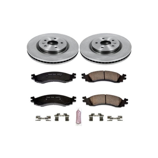 PowerStop OE brake kit for 2011-2012 Ford Taurus front brakes, includes brake pads and rotors positioned on the vehicle.