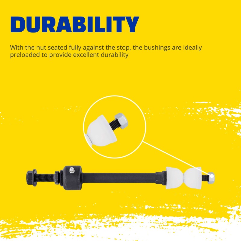 Moog Dodge Ram 1500 front sway bar endlinks kit showing metal links with bushings for suspension stability.