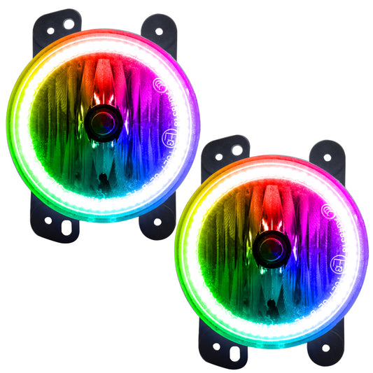 Oracle Lighting Jeep Wrangler JK fog lights with ColorSHIFT SMD LEDs, showcasing bright, colorful illumination on a black vehicle.