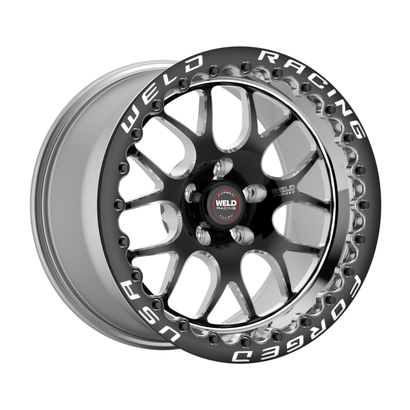 Weld S77 Beadlock forged wheel, 15x10 inches, black center with polished shell, 5x120.65 bolt pattern, black finish.